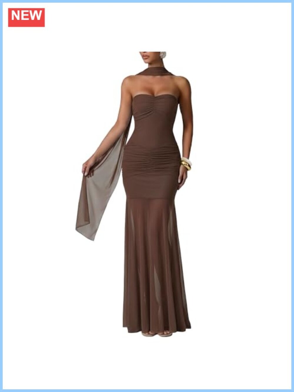 Ruched Bodycon Mermaid Maxi Dress with Attached Mesh Neck Scarf